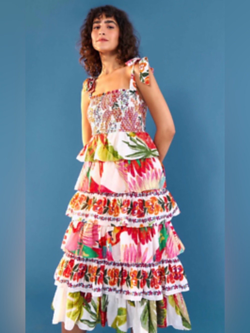 FARM Rio Multicolor Floral Tiered Midi Dress